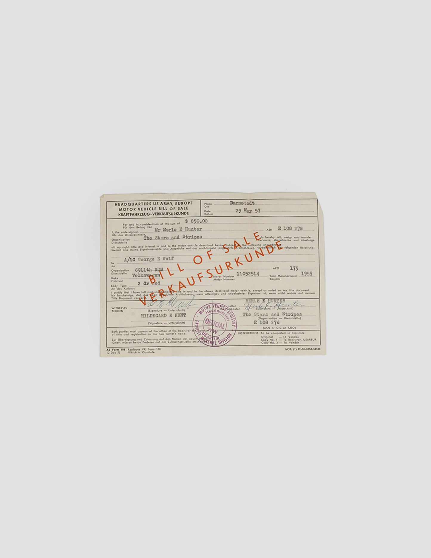 1957 Volkswagen Beetle Bill of Sale