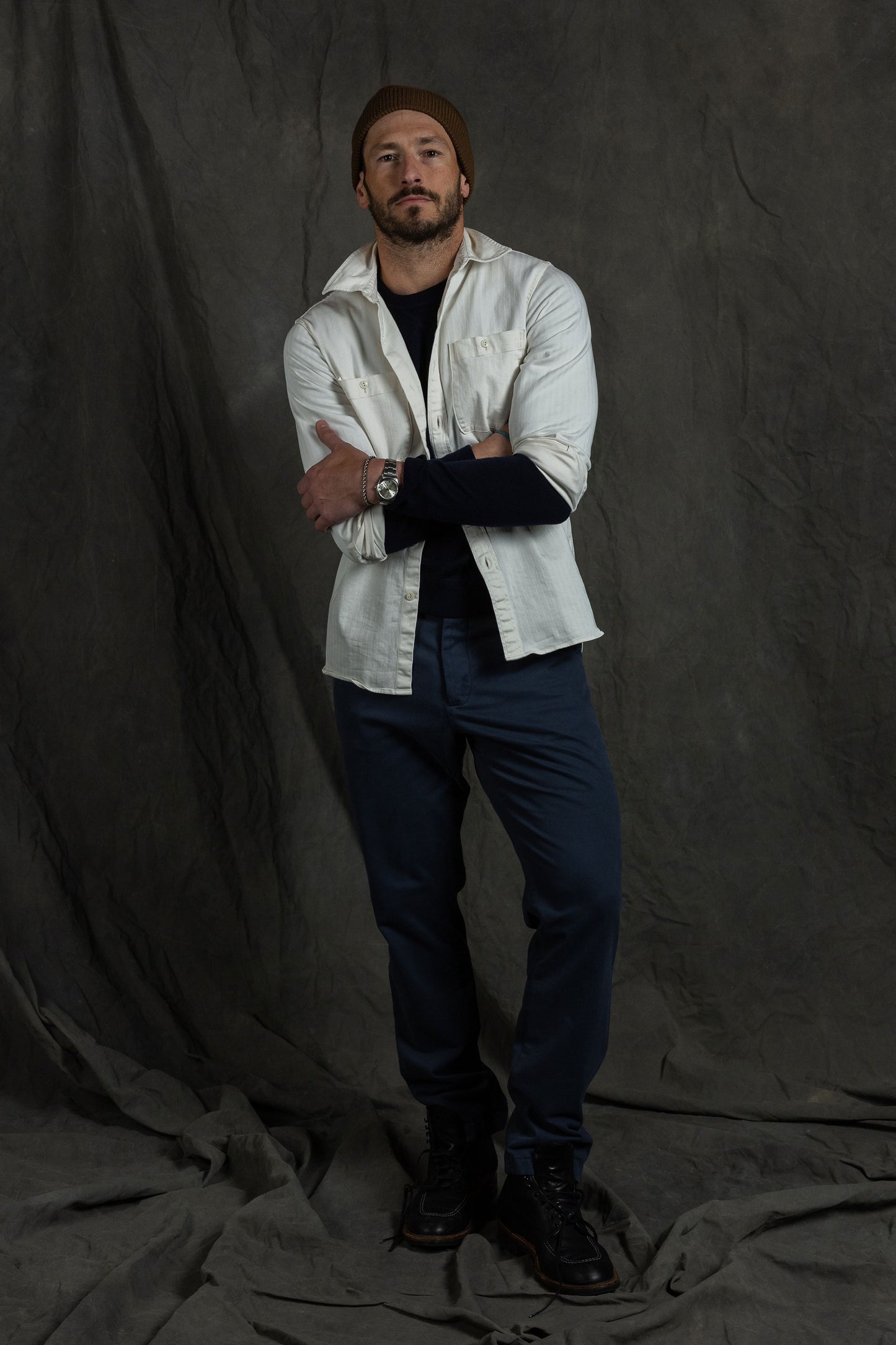 Eaton Garment Dyed Herringbone Shirt in Chalk