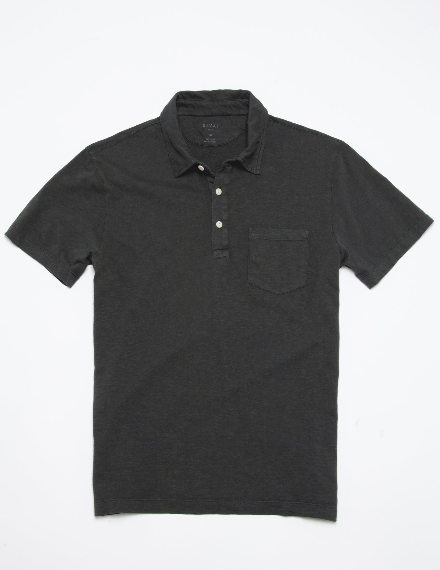 Rivay Garment Dyed Slub Jersey Polo in Faded Black