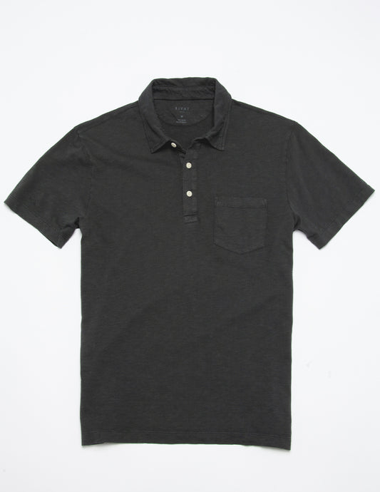 Rivay Garment Dyed Slub Jersey Polo in Faded Black