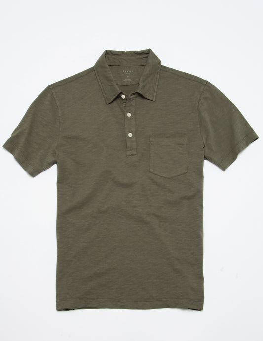 Rivay Garment Dyed Slub Jersey Polo in Olive