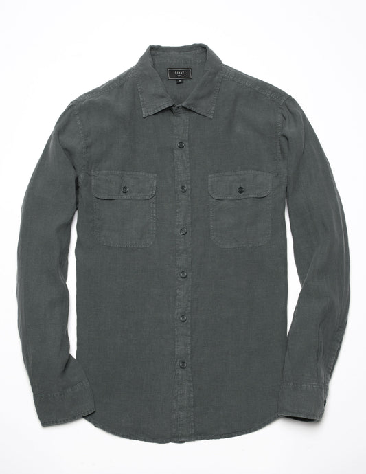 Rivay Hayes Garment Dyed Linen Camp Shirt in Canvas Green