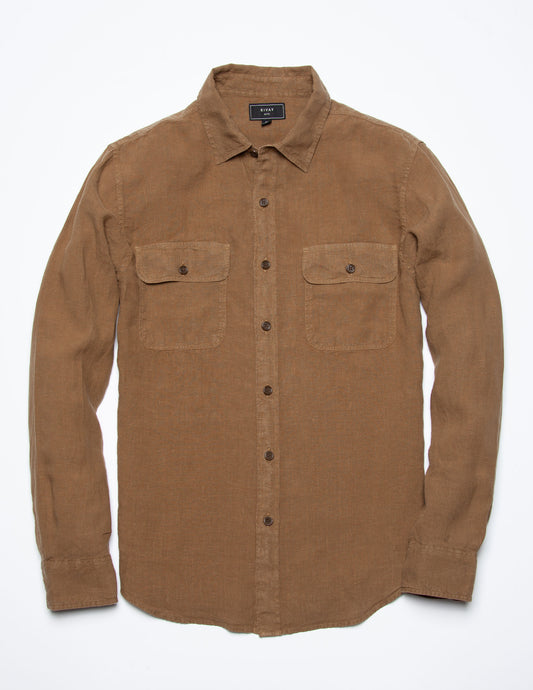 Hayes Garment Dyed Linen Camp Shirt in Saddle Brown