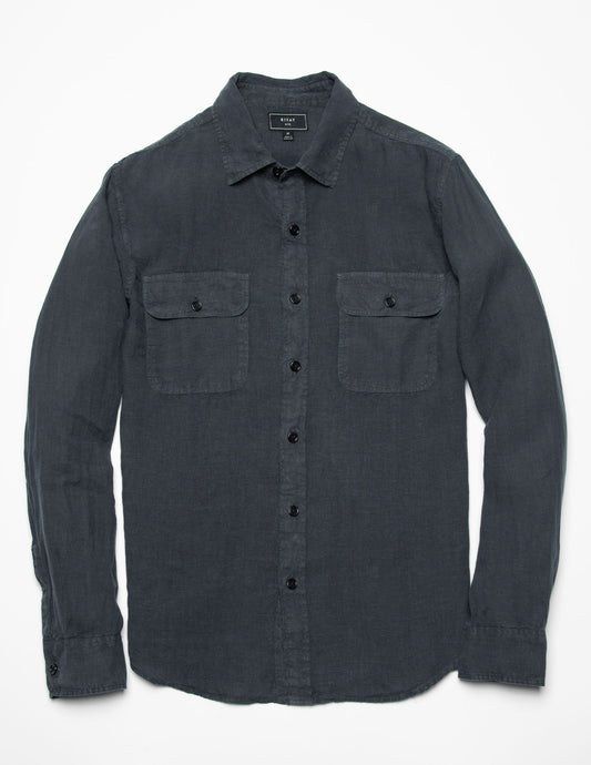 Rivay Hayes Garment Dyed Linen Camp Shirt in Weathered Black