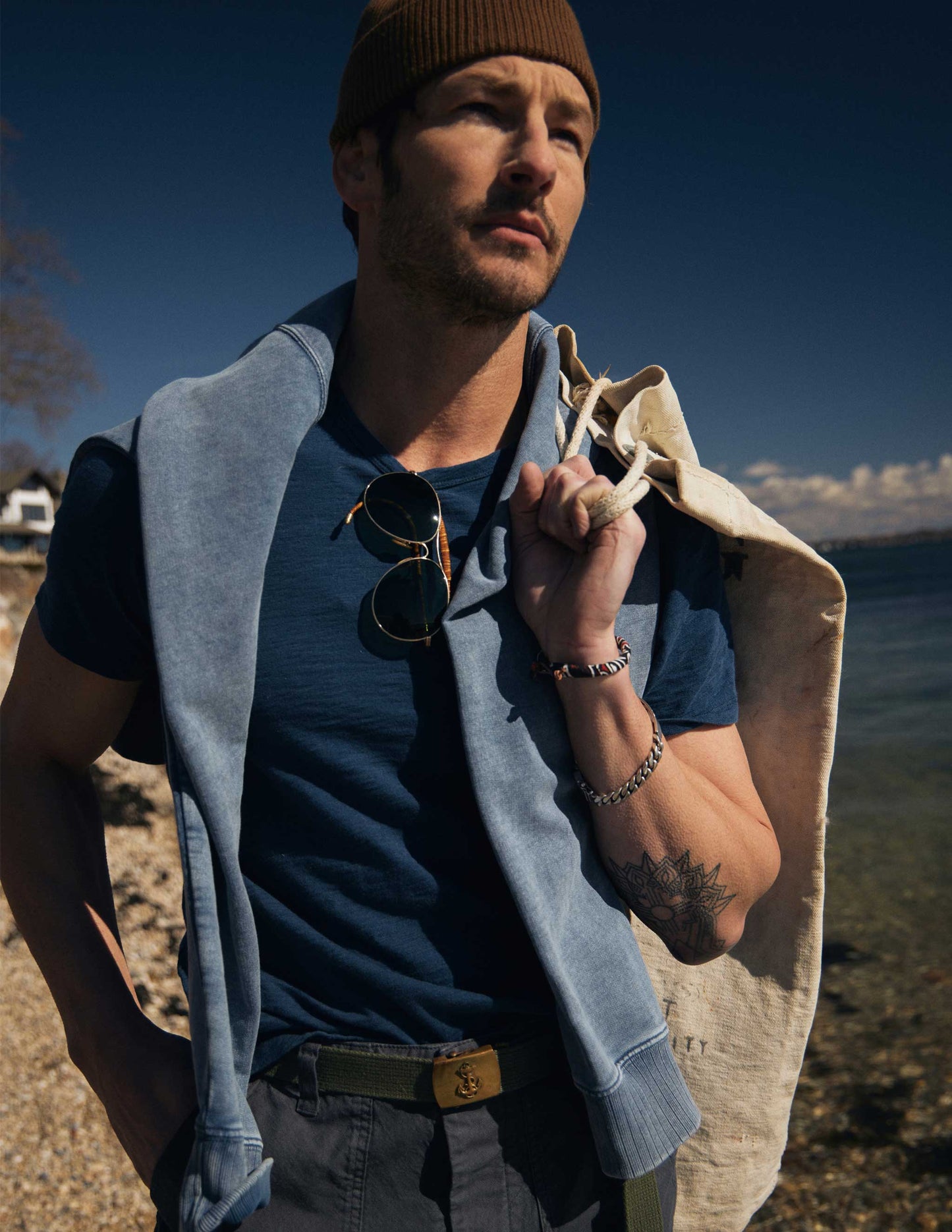 Indigo Slub Jersey Pocket Tee in Dark Wash