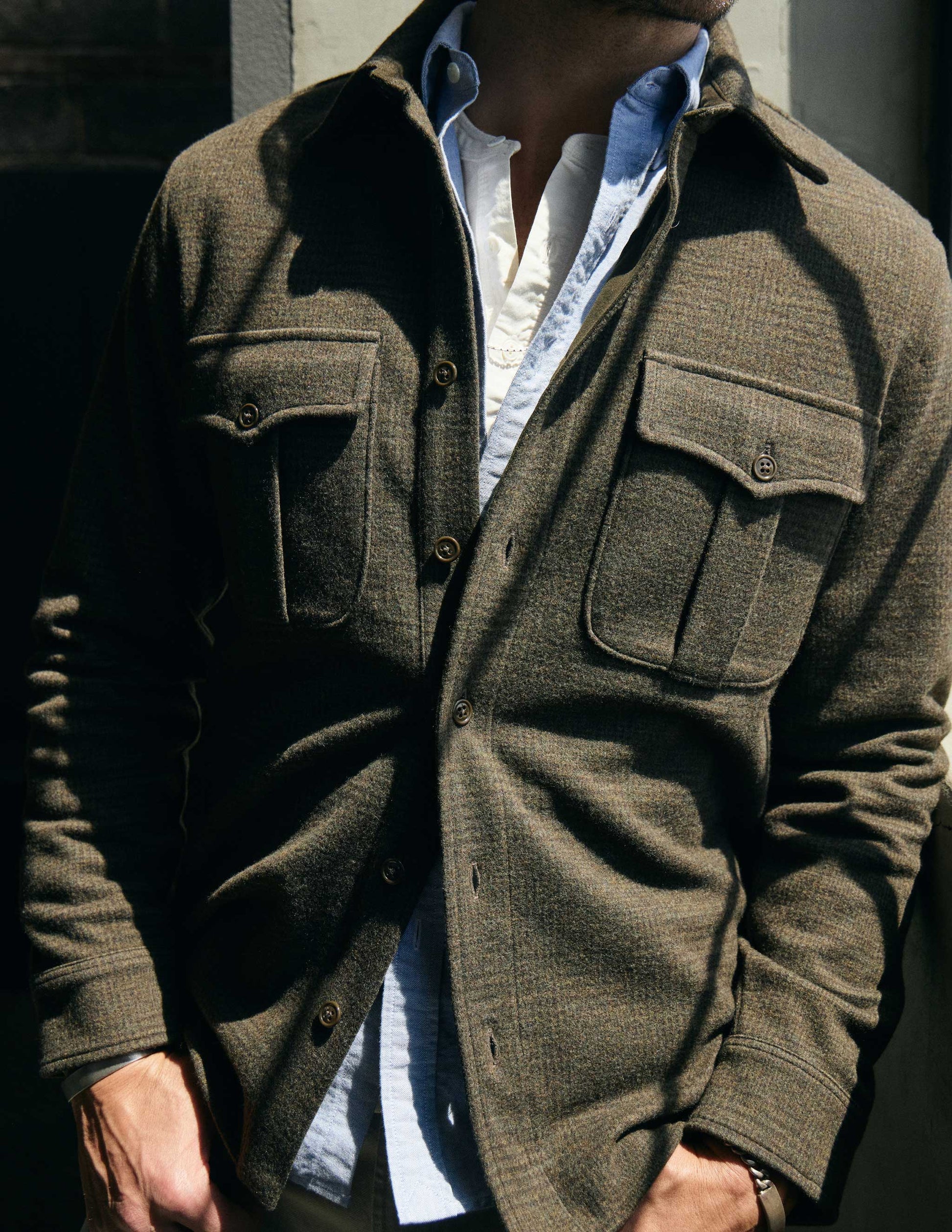 Meade Wool Glen Plaid Overshirt in Olive Drab