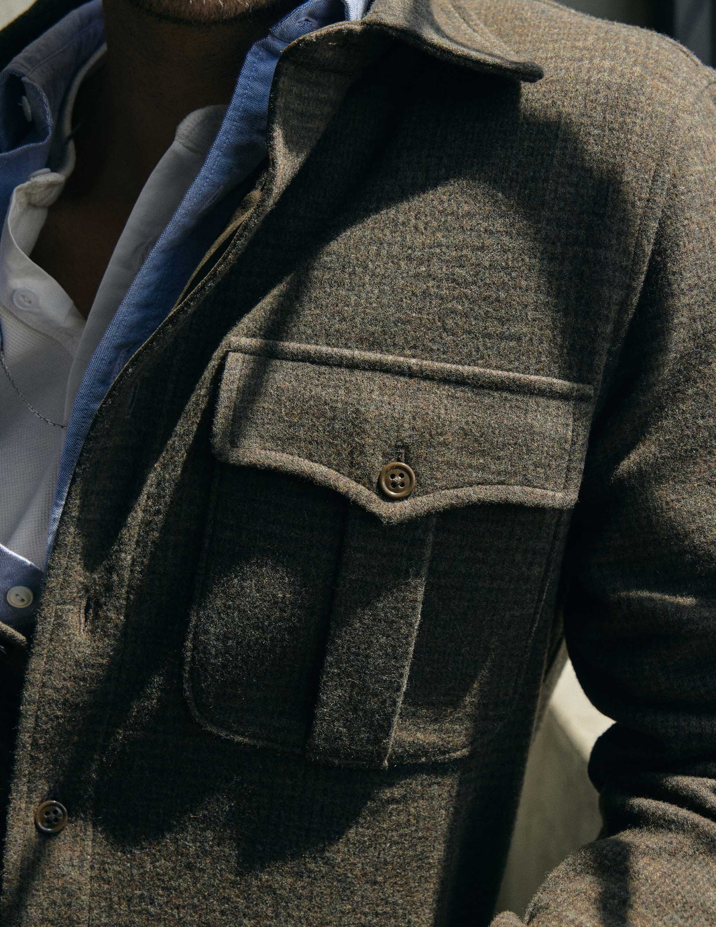 Meade Wool Glen Plaid Overshirt in Olive Drab