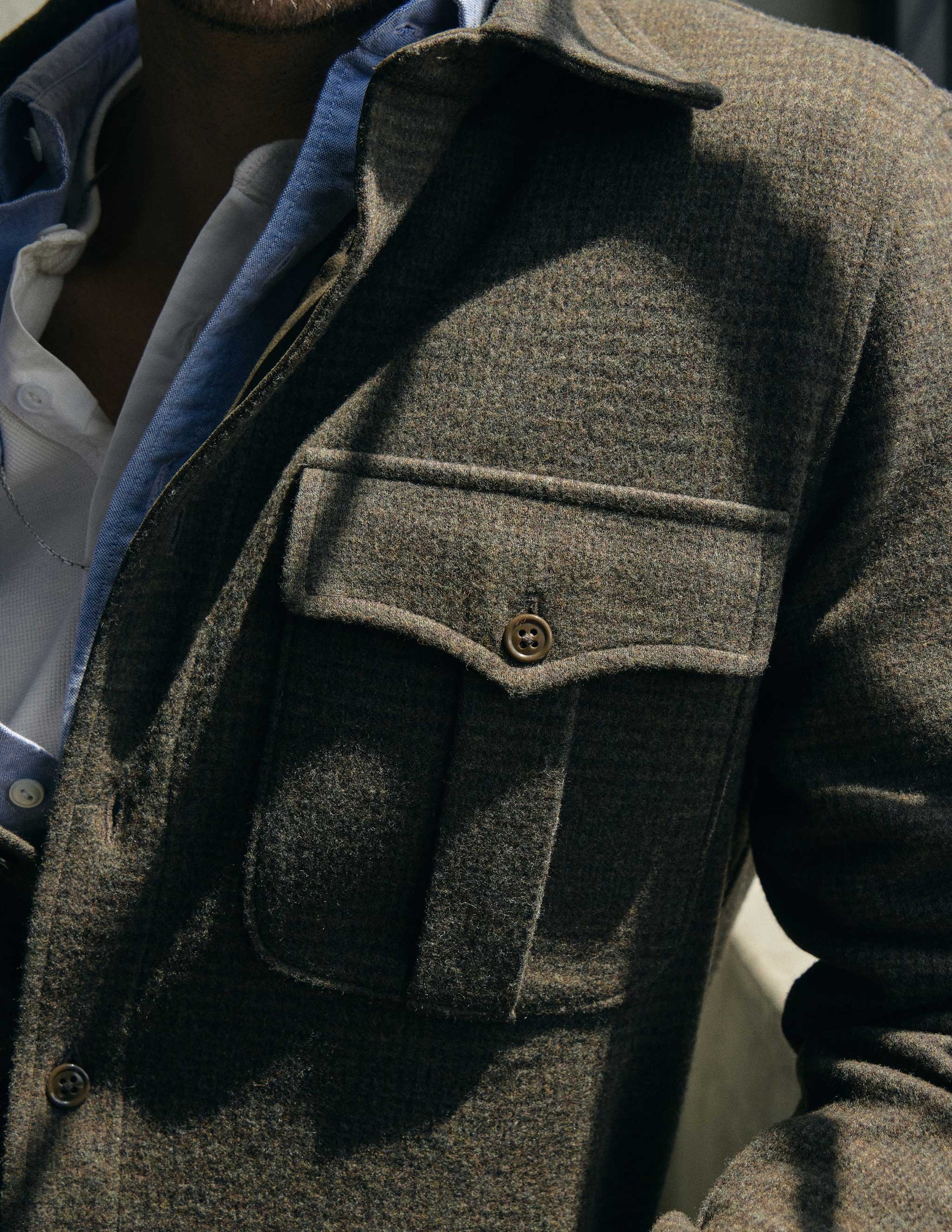 Meade Wool Glen Plaid Overshirt in Olive Drab