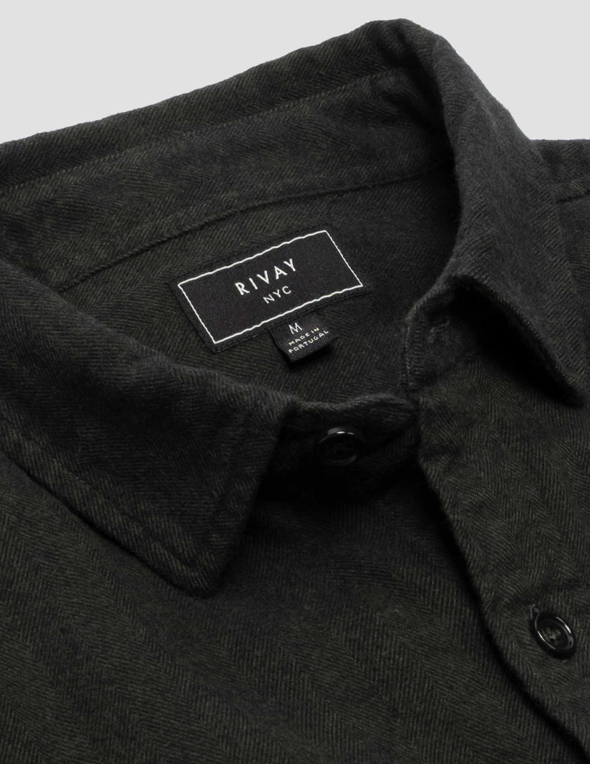 Rivay Miles Flannel Camp Shirt in Dark Olive Herringbone
