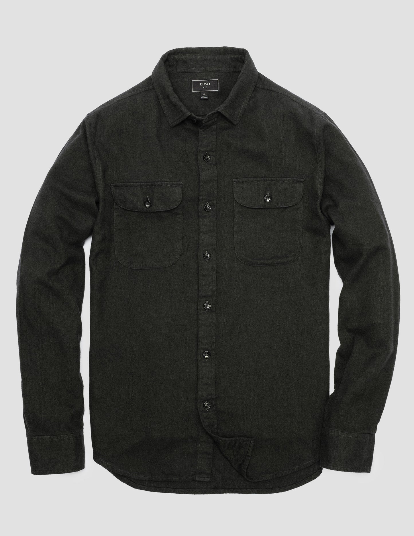 Rivay Miles Flannel Camp Shirt in Dark Olive Herringbone