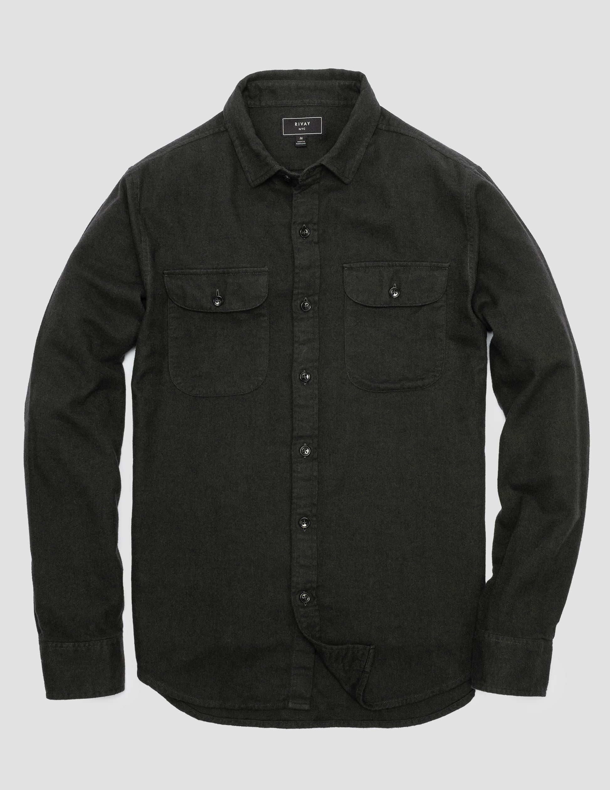 Rivay Miles Flannel Camp Shirt in Dark Olive Herringbone