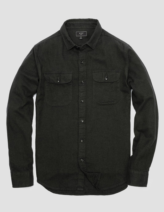 Rivay Miles Flannel Camp Shirt in Dark Olive Herringbone