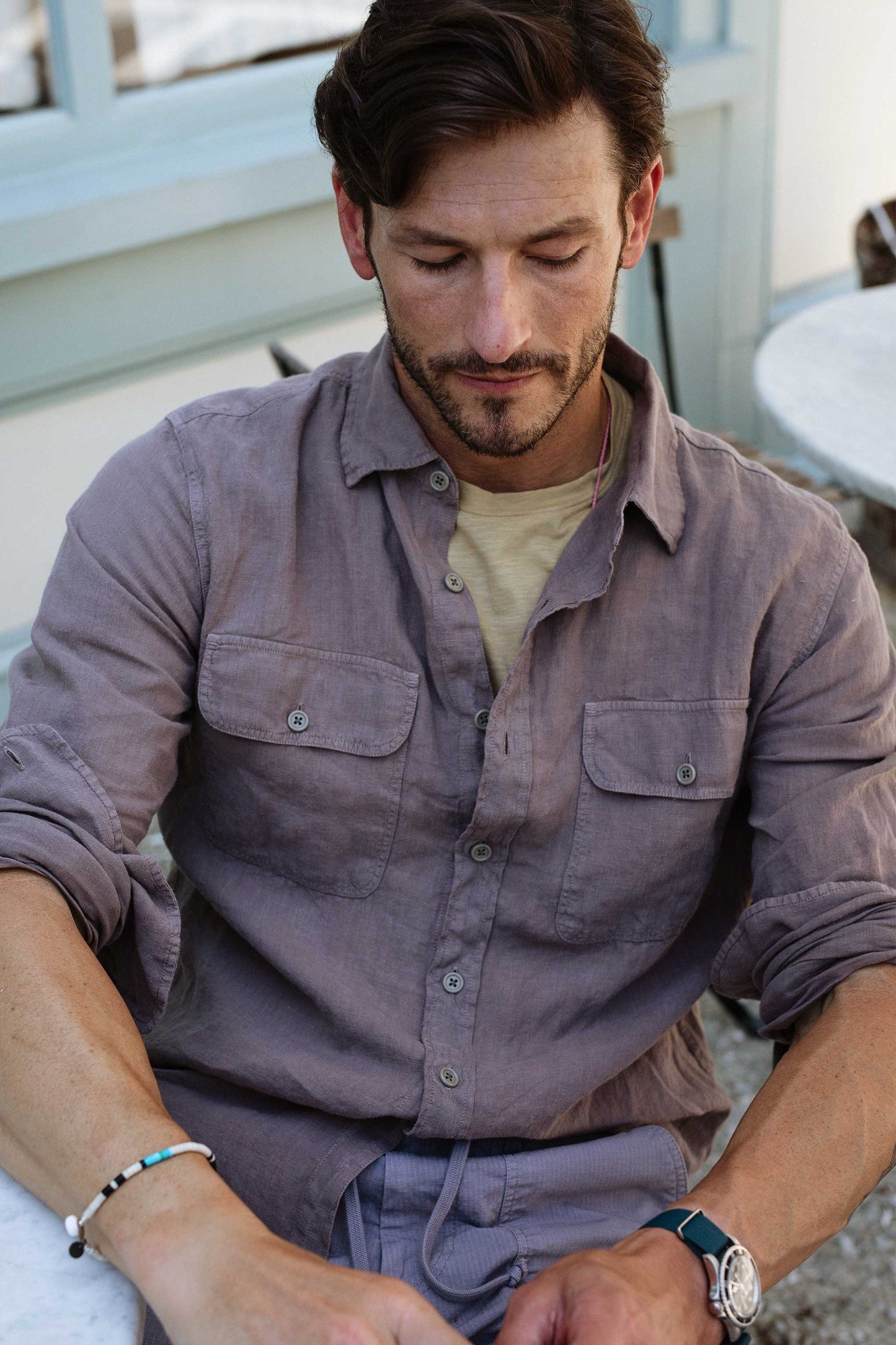 Rivay Hayes Garment Dyed Linen Camp Shirt in Mulberry