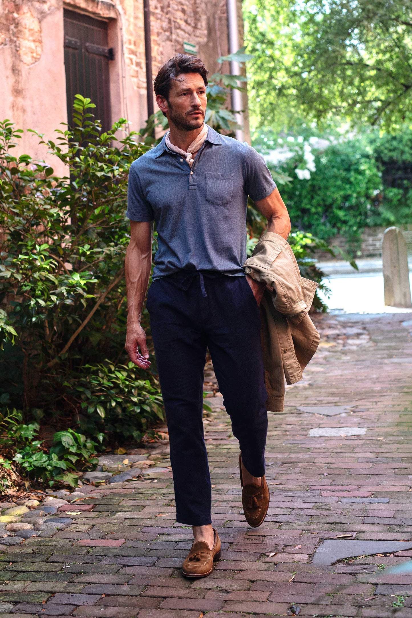 Rivay Ravello Cotton Linen Pant in Navy/Blue Stripe