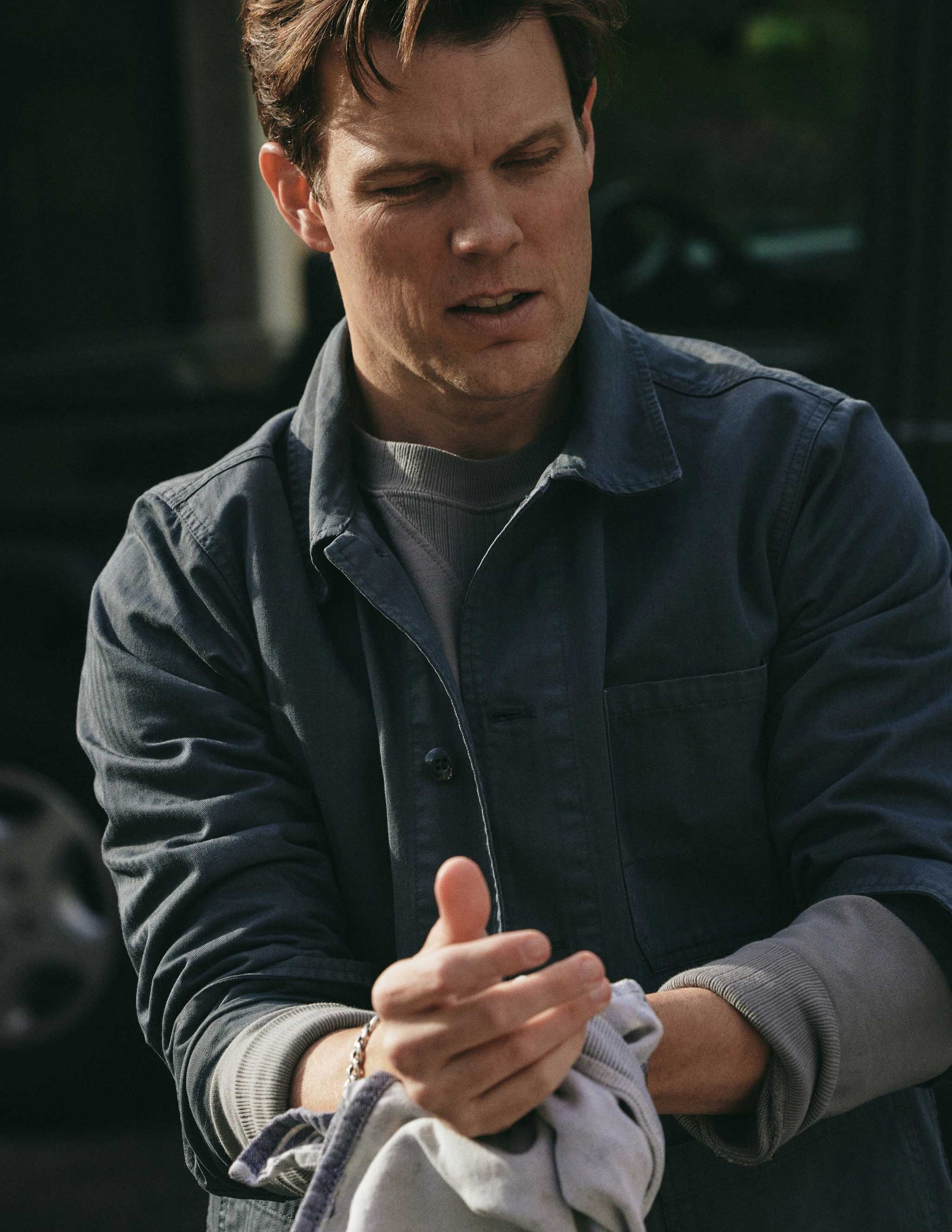 Rivay & A Continuous Lean Chore Jacket in Rivay Racing Green featuring Jake Lacy