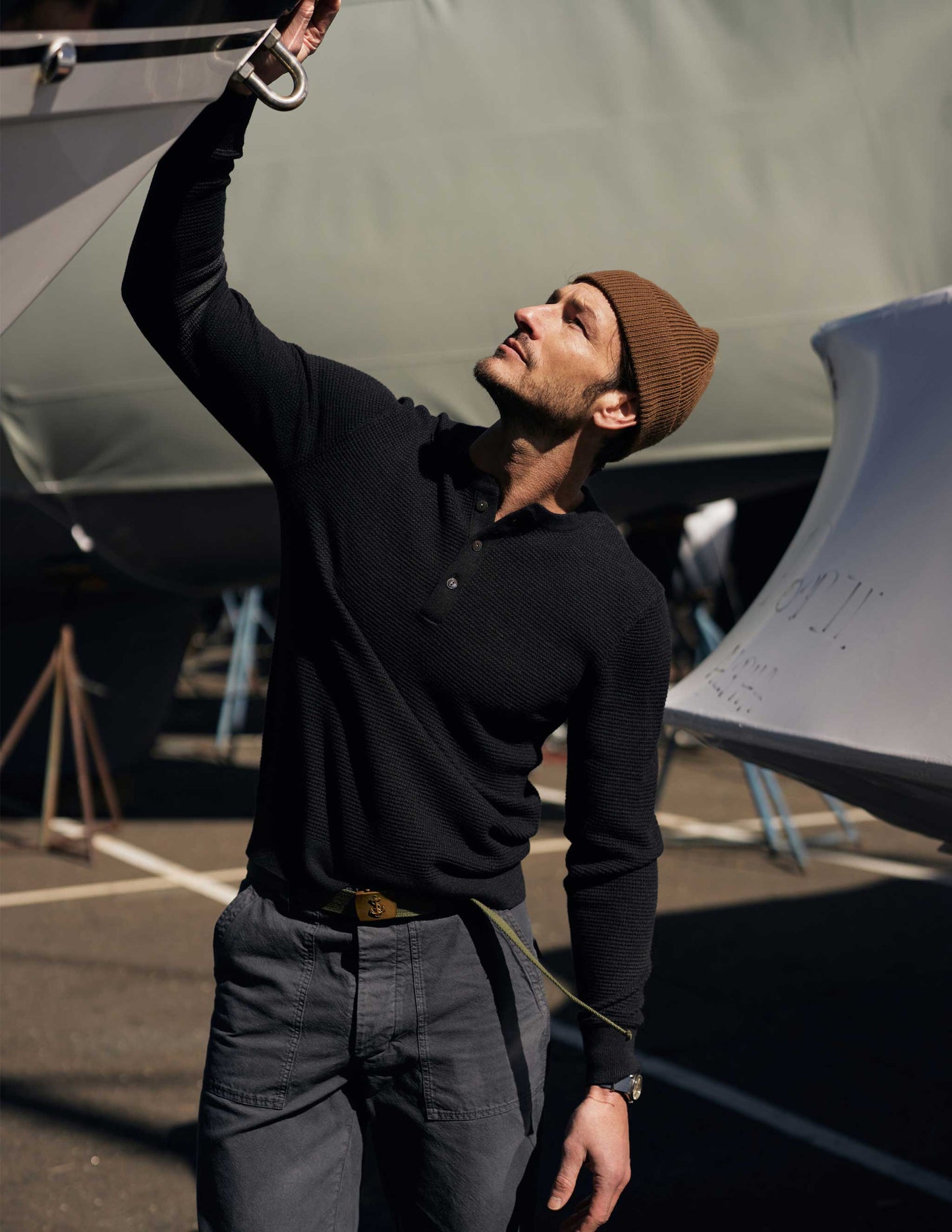 Rivay Cody Merino Waffle Henley in Charcoal