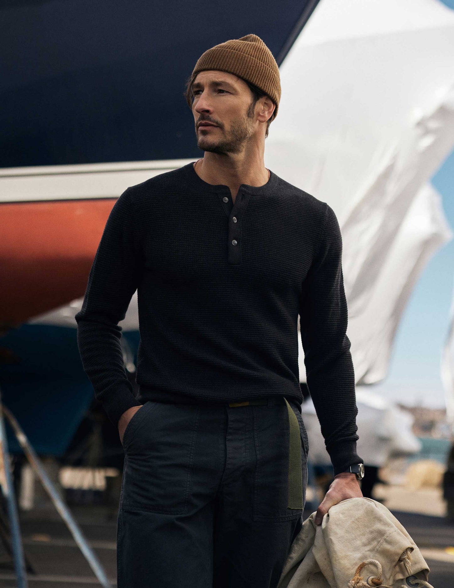 Rivay Cody Merino Waffle Henley in Charcoal