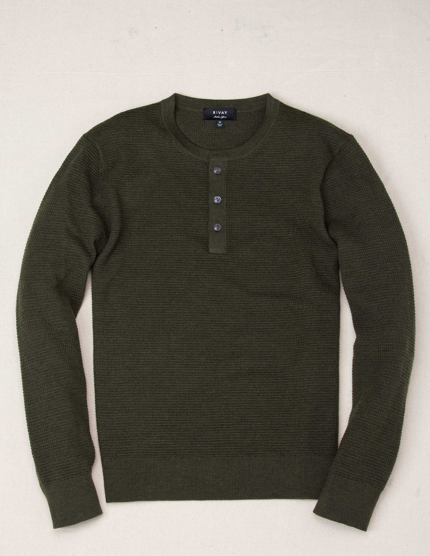 Rivay Cody Merino Waffle Henley in Dark Olive
