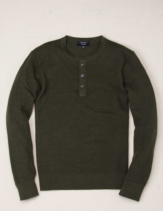 Rivay Cody Merino Waffle Henley in Dark Olive