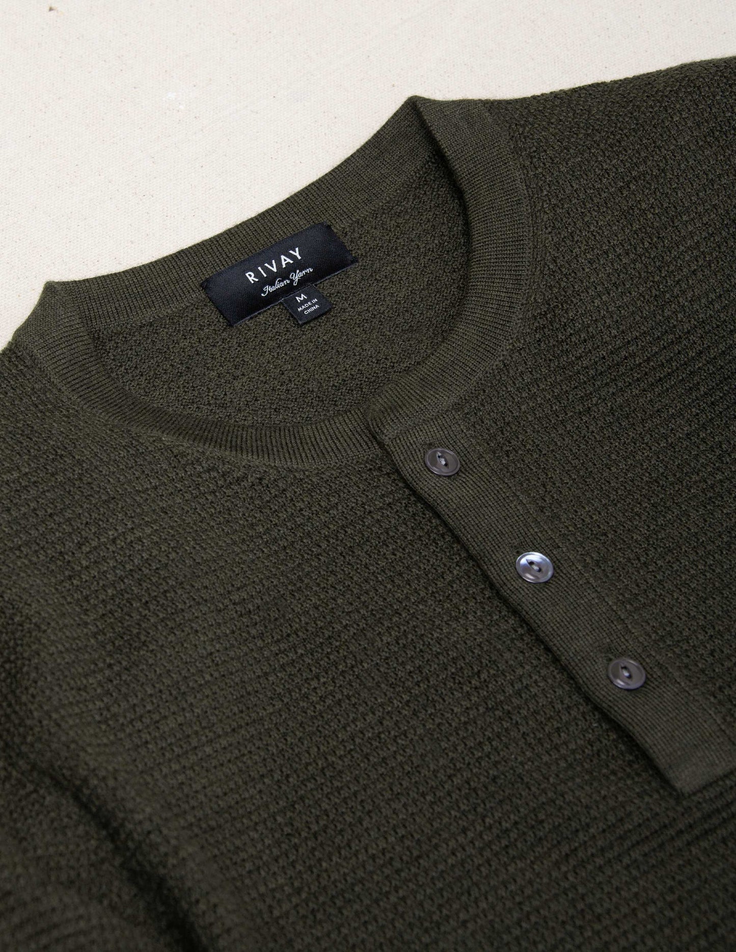 Rivay Cody Merino Waffle Henley in Dark Olive