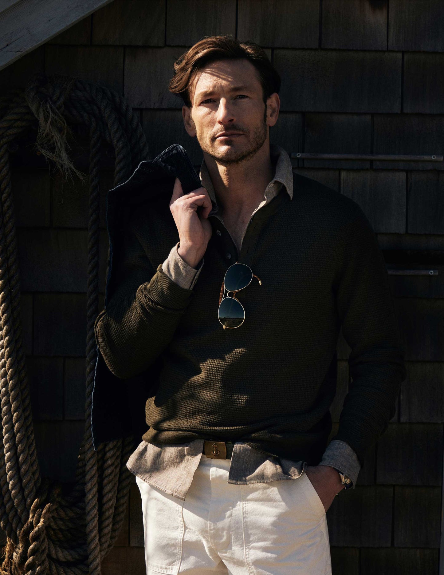 Rivay Cody Merino Waffle Henley in Dark Olive