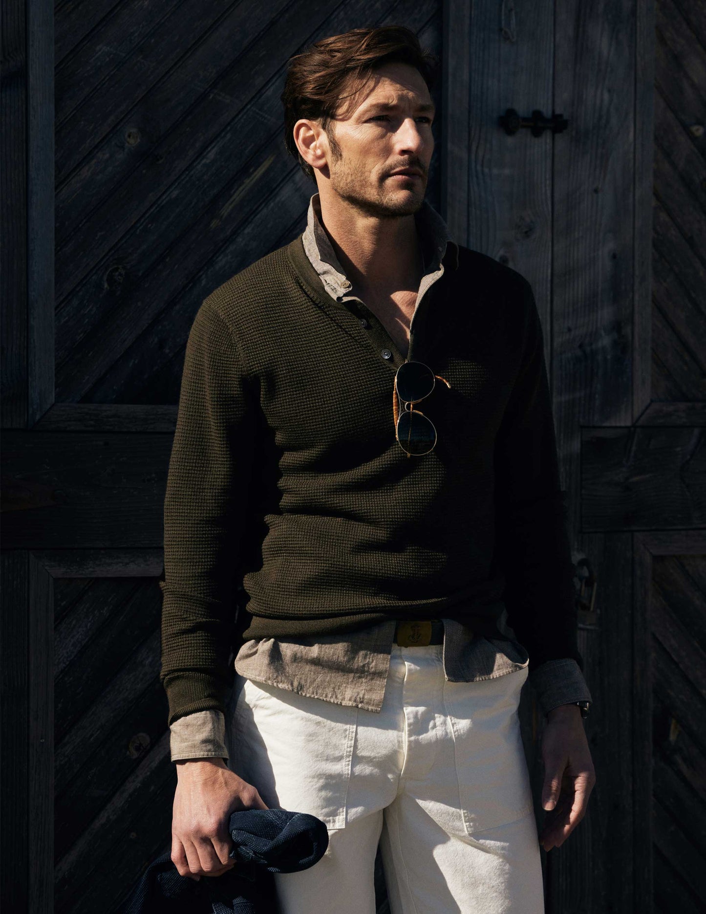 Rivay Cody Merino Waffle Henley in Dark Olive