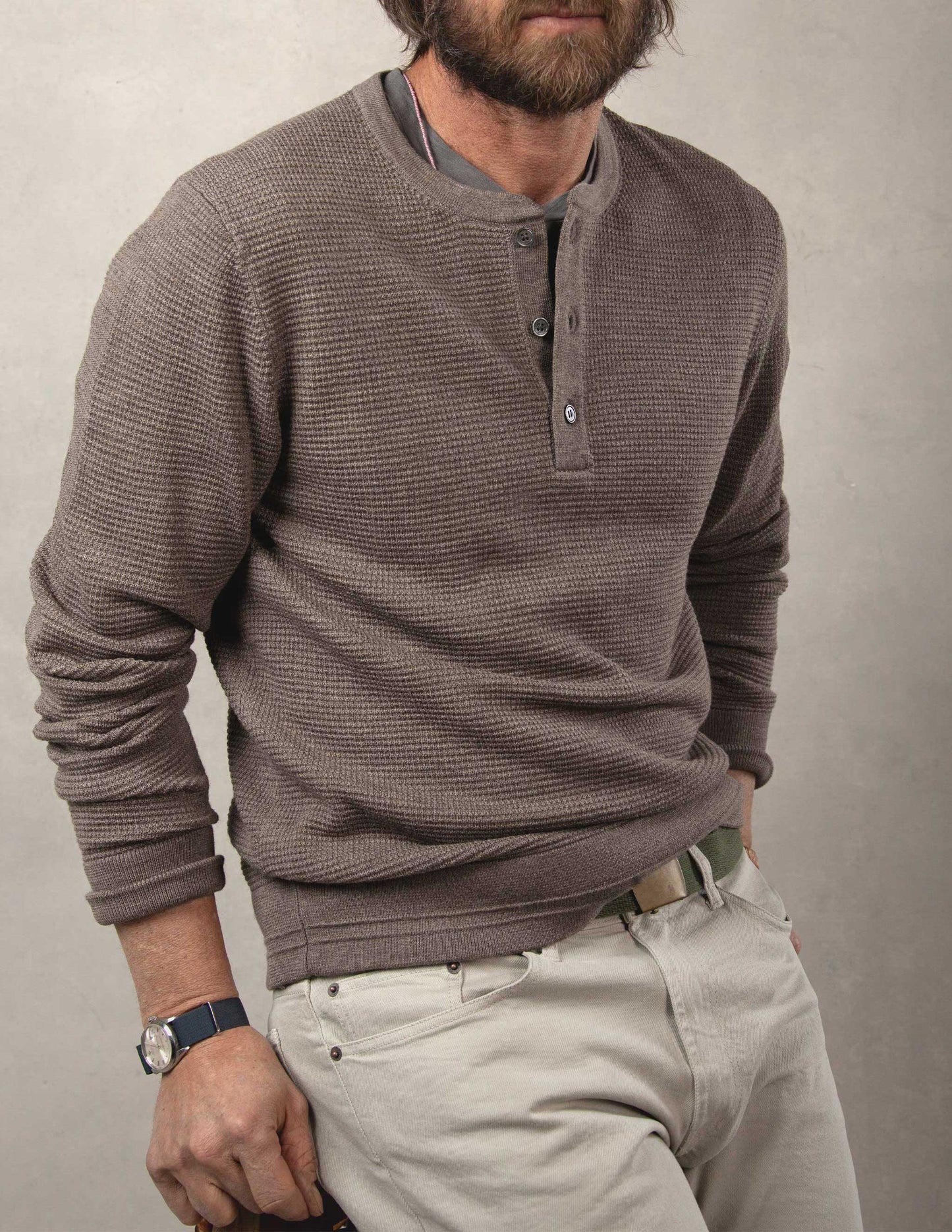 Rivay Cody Merino Waffle Henley in Driftwood