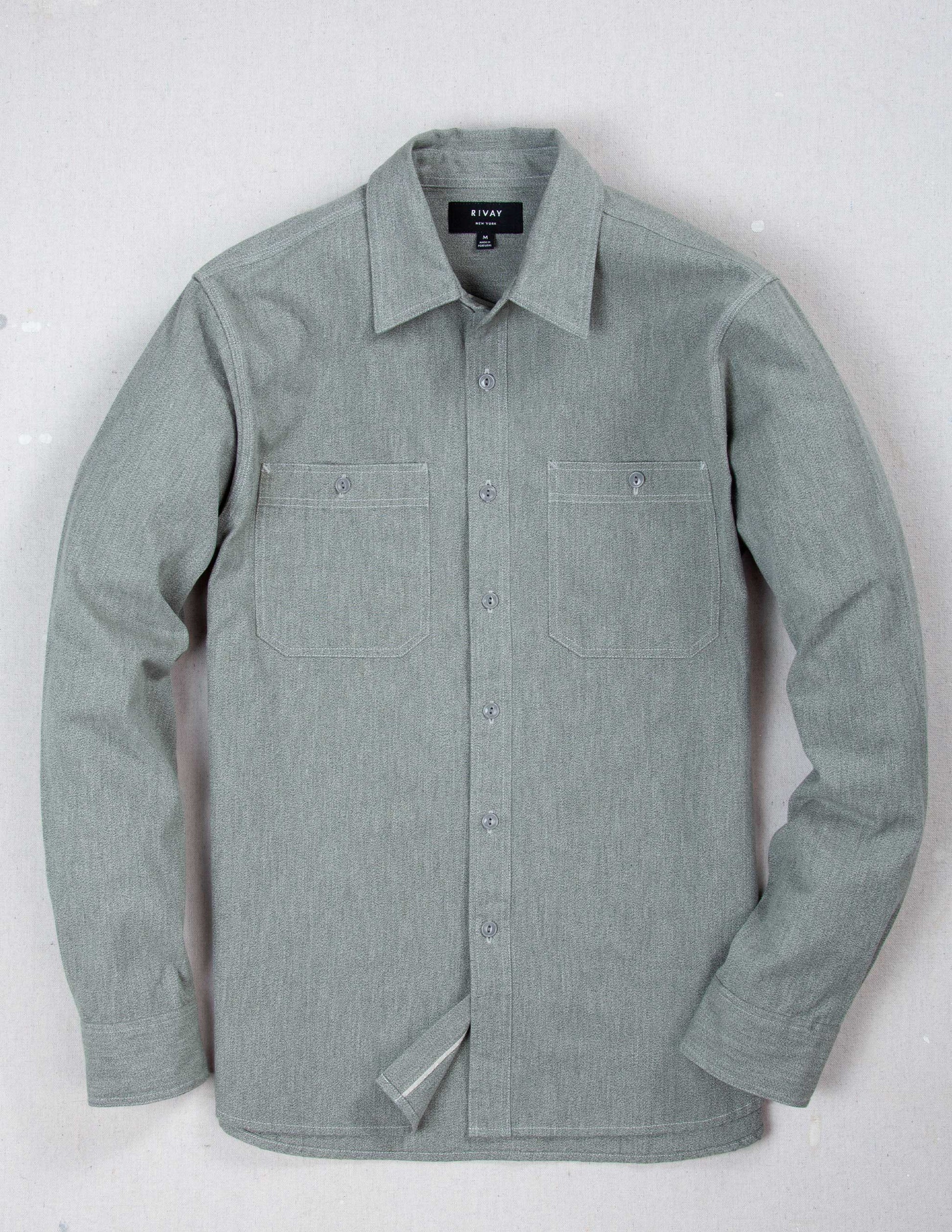 Weston Marled Selvedge Chambray Workshirt in Sage Green