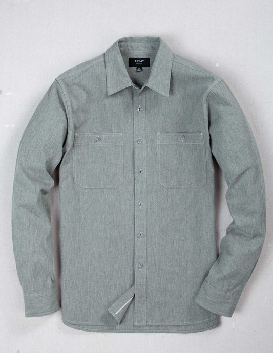 Weston Marled Selvedge Chambray Workshirt in Sage Green