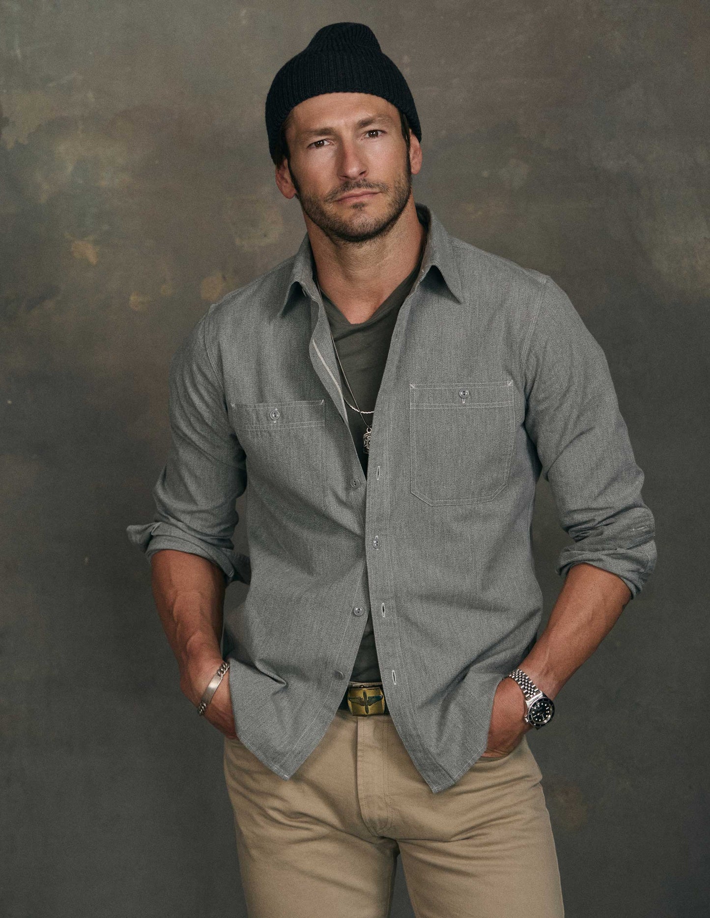 Weston Marled Selvedge Chambray Workshirt in Sage Green