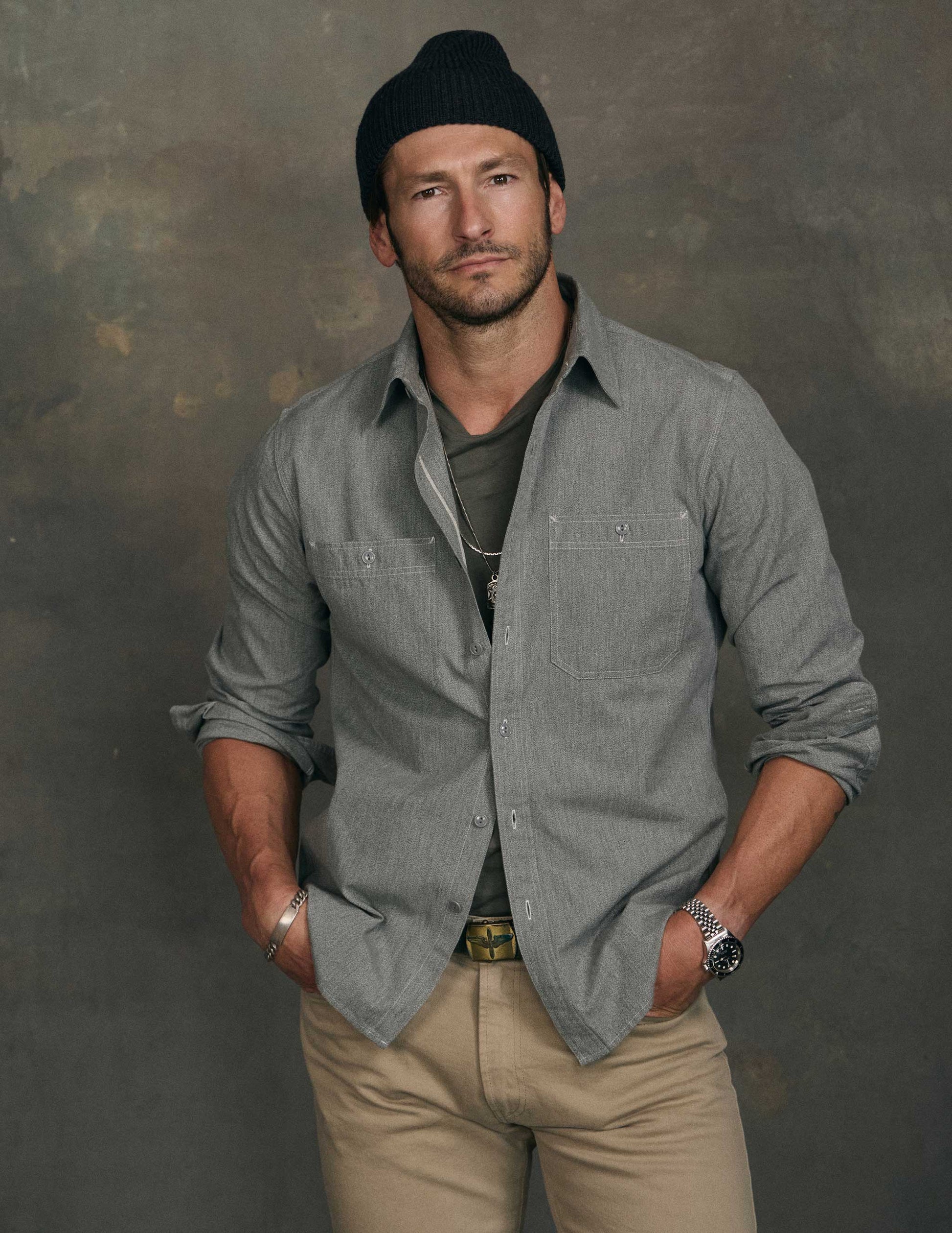 Weston Marled Selvedge Chambray Workshirt in Sage Green