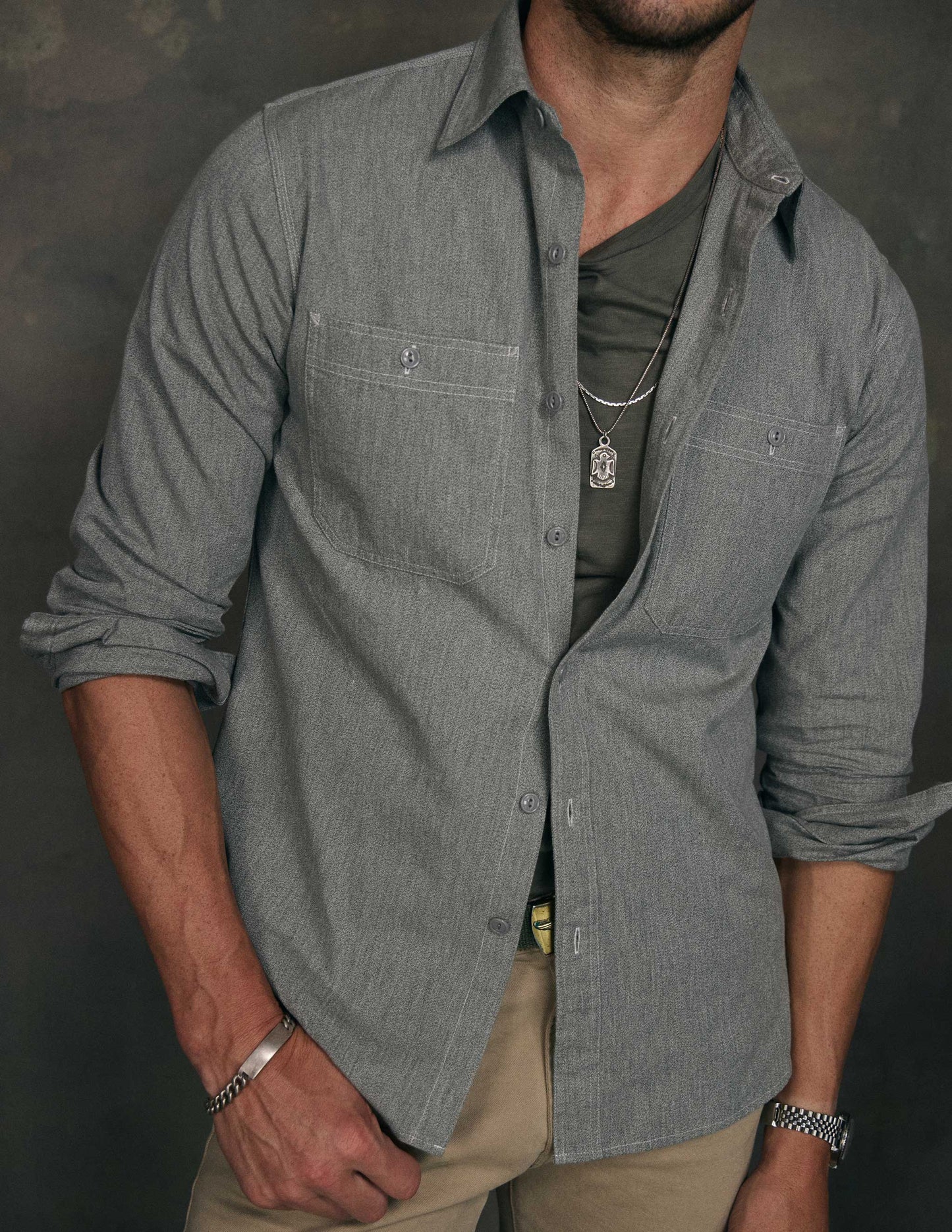 Weston Marled Selvedge Chambray Workshirt in Sage Green