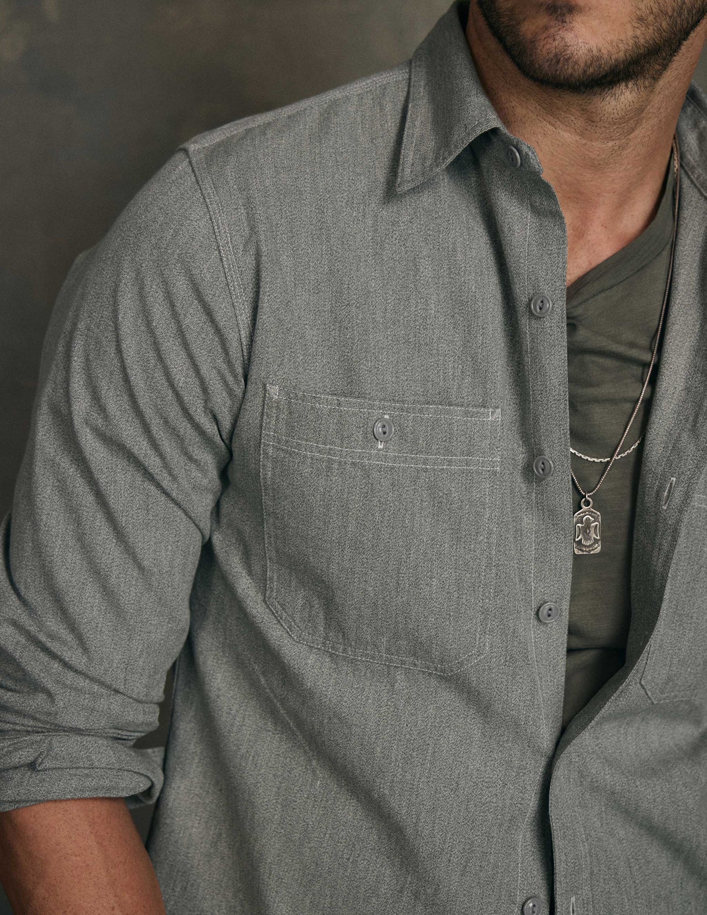 Weston Marled Selvedge Chambray Workshirt in Sage Green