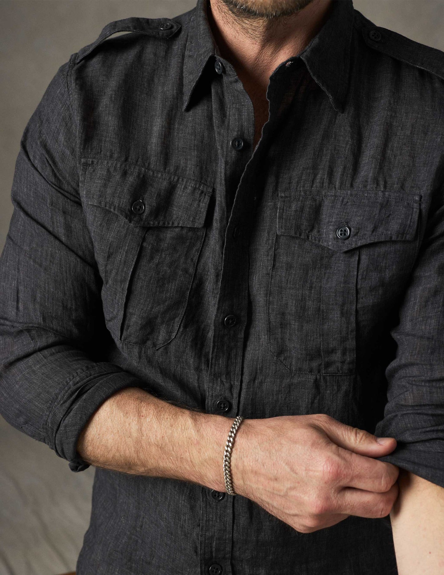 Rivay Atlas Linen Safari Shirt in Washed Black