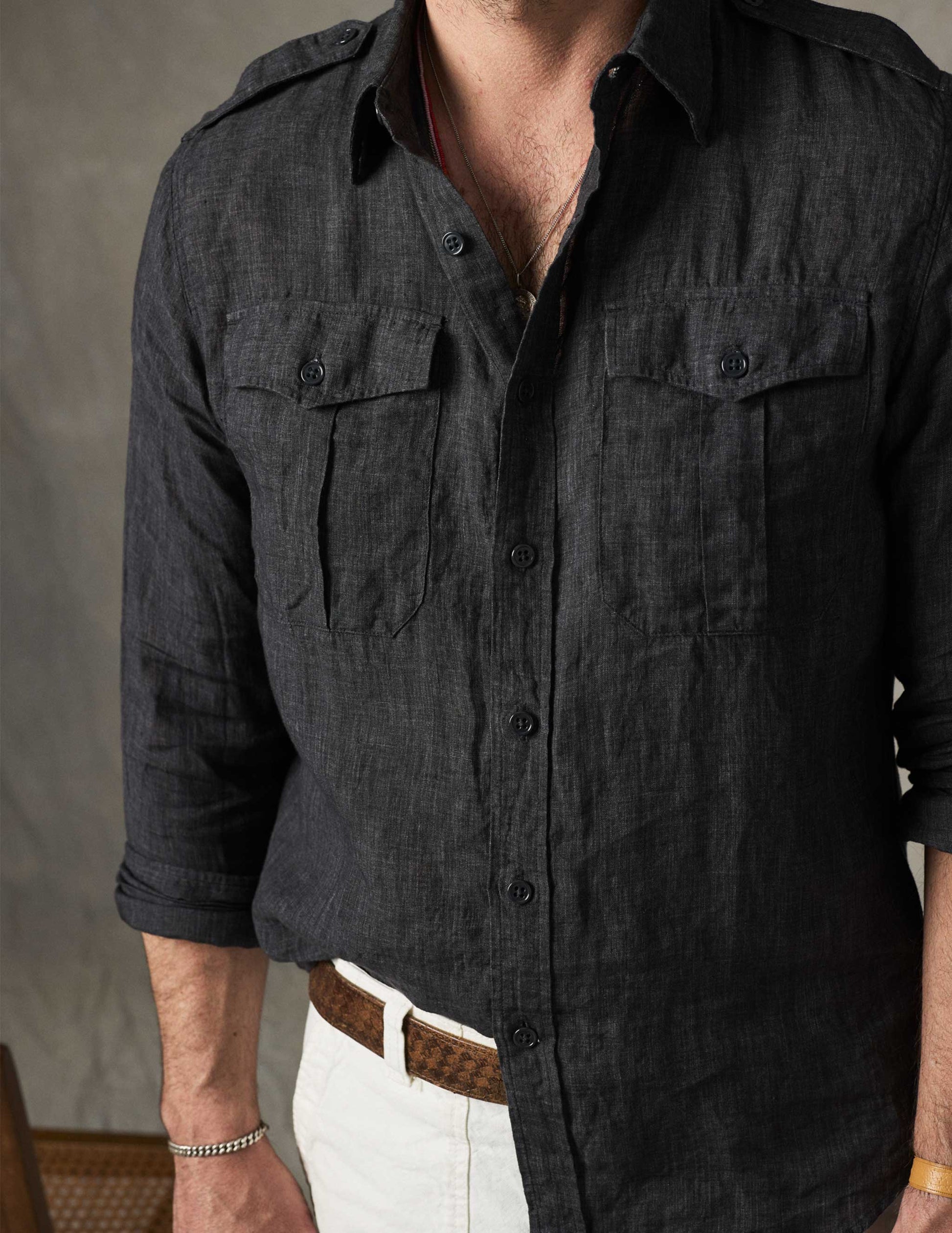 Rivay Atlas Linen Safari Shirt in Washed Black