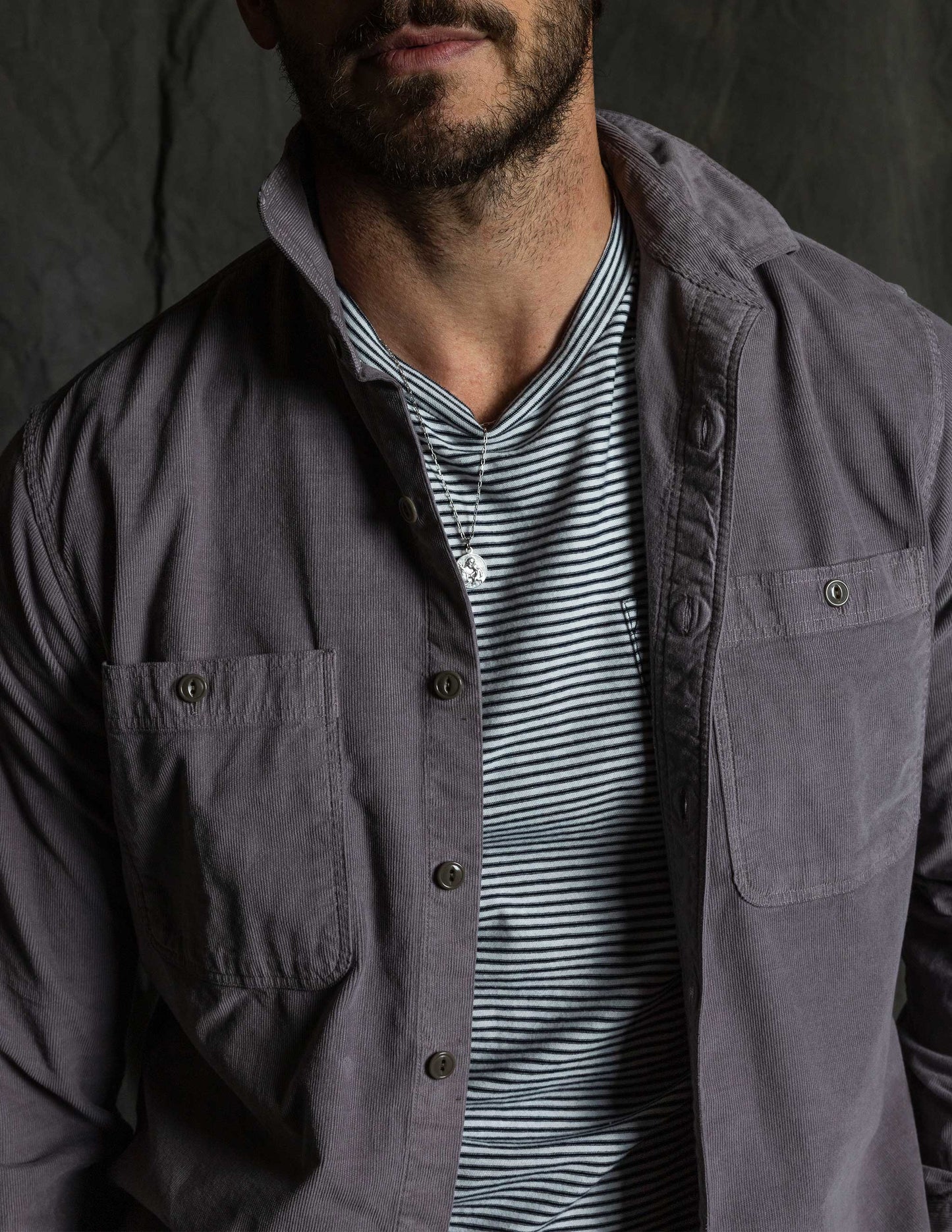 Barnes Corduroy Workshirt in Greyed Violet