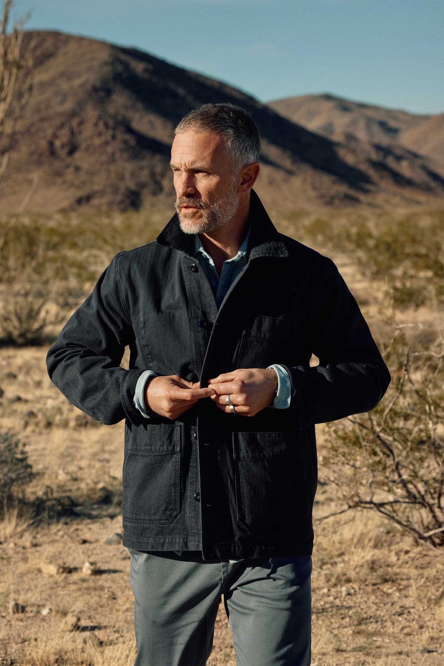 Japanese Cotton Herringbone Chore Jacket in Navy