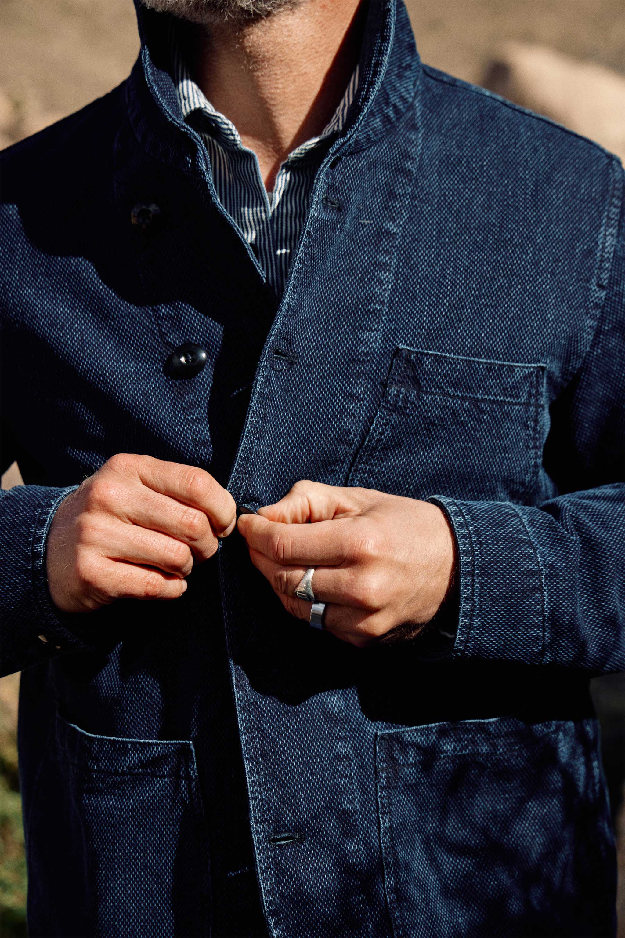 Cliff Indigo Dobby Shawl Jacket in Dark Wash – RIVAY