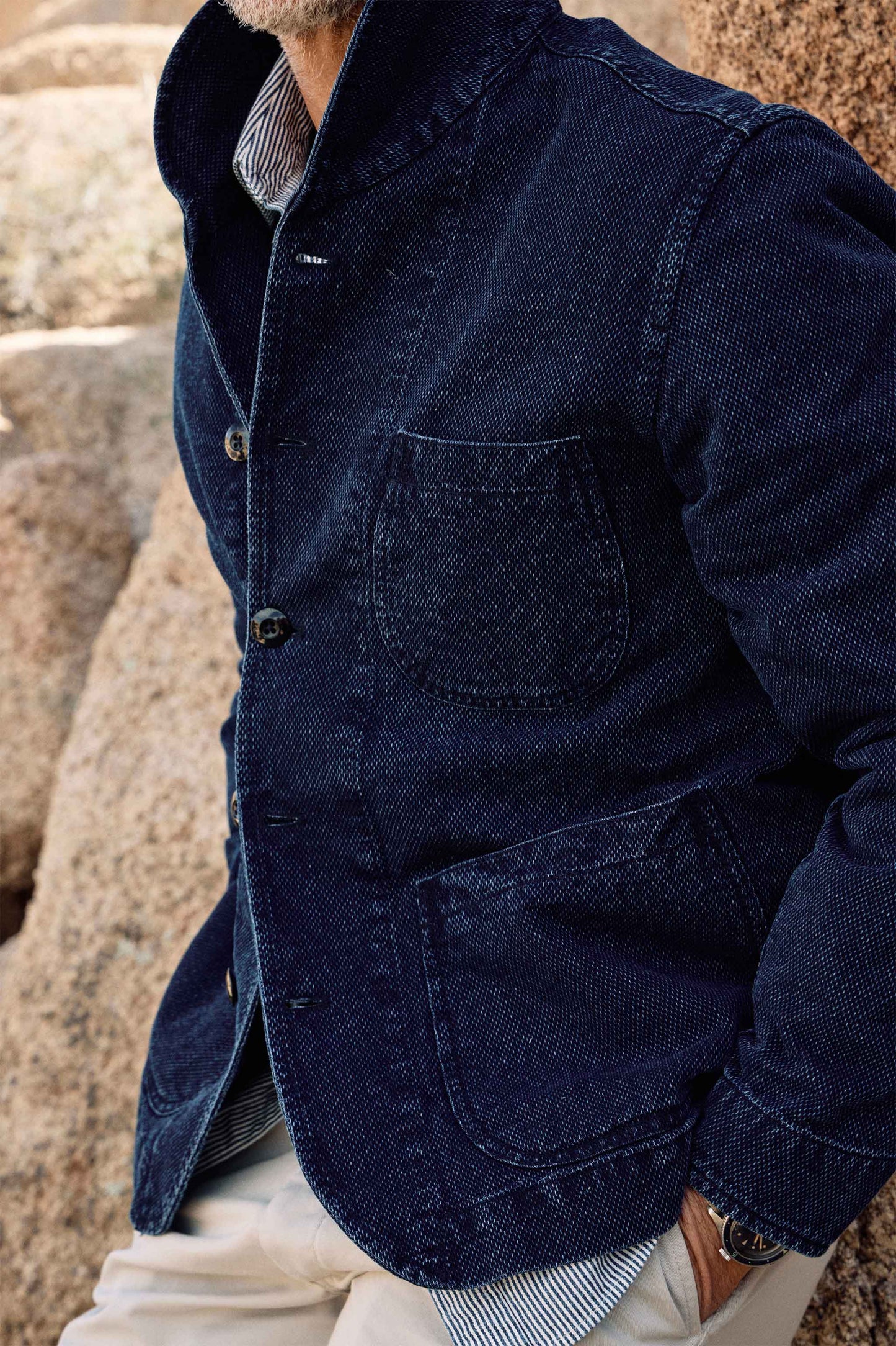 Cliff Indigo Dobby Shawl Jacket in Dark Wash