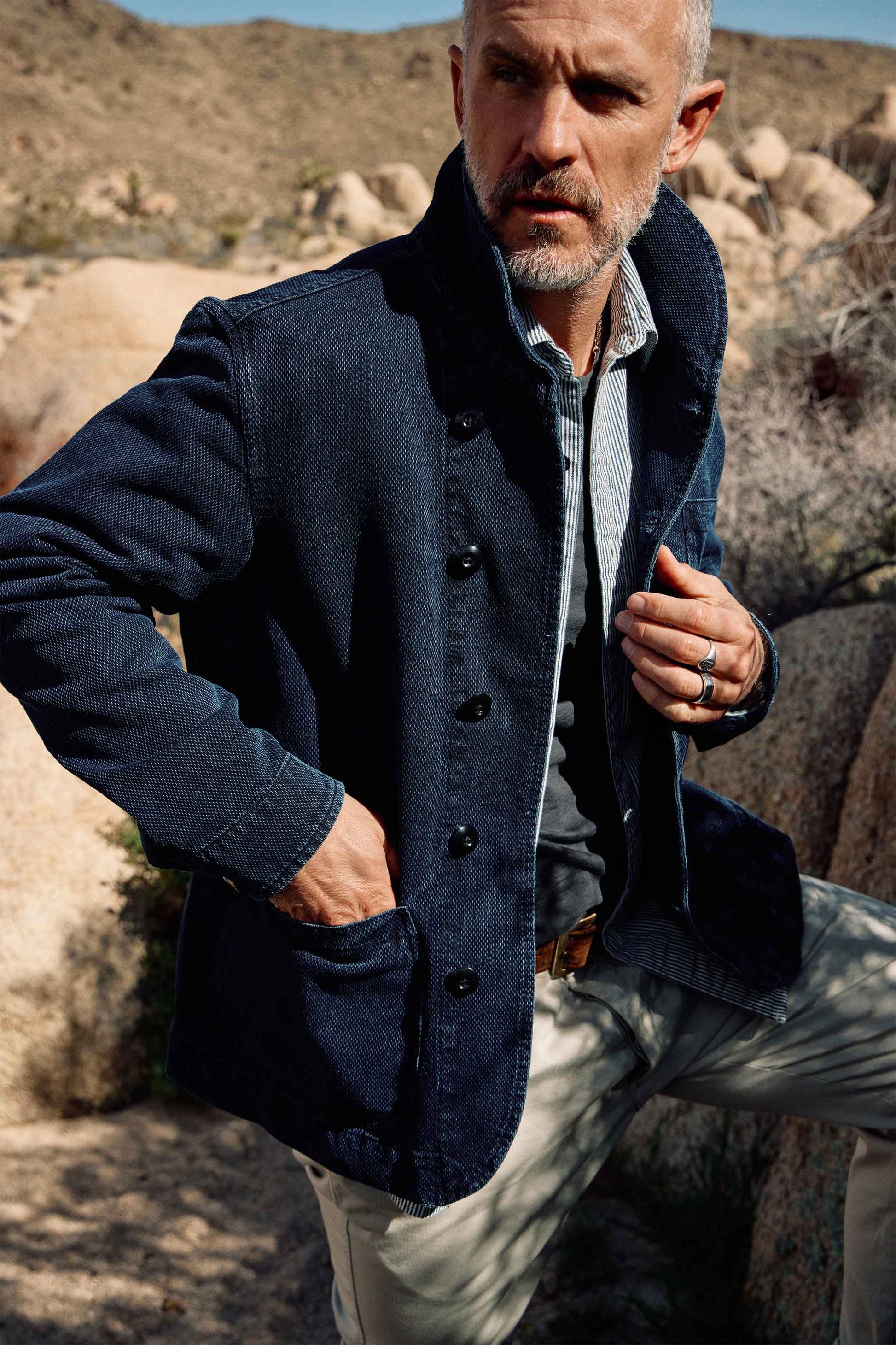 Cliff Indigo Dobby Shawl Jacket in Dark Wash