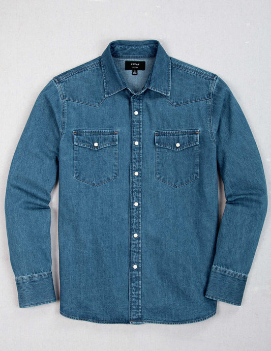 Ennis Selvedge Denim Western Shirt in Medium Wash