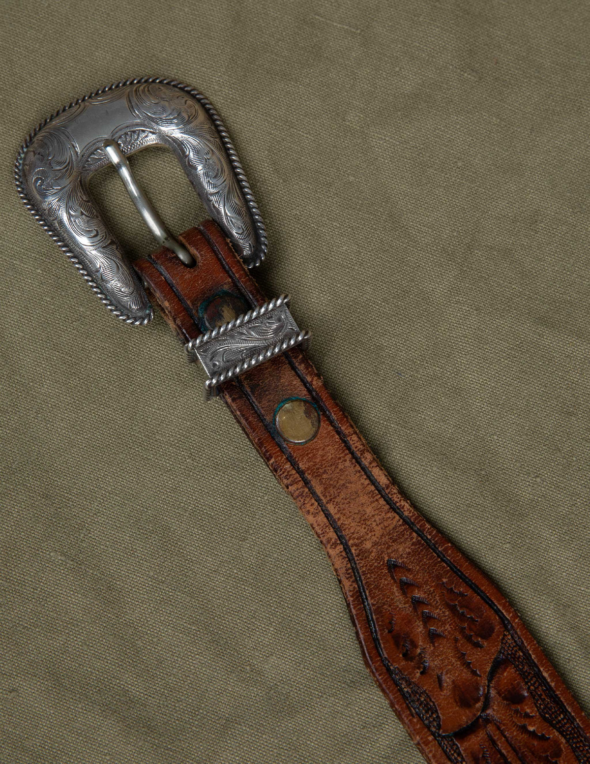 Vintage Sterling Silver Tooled Leather Western Belt
