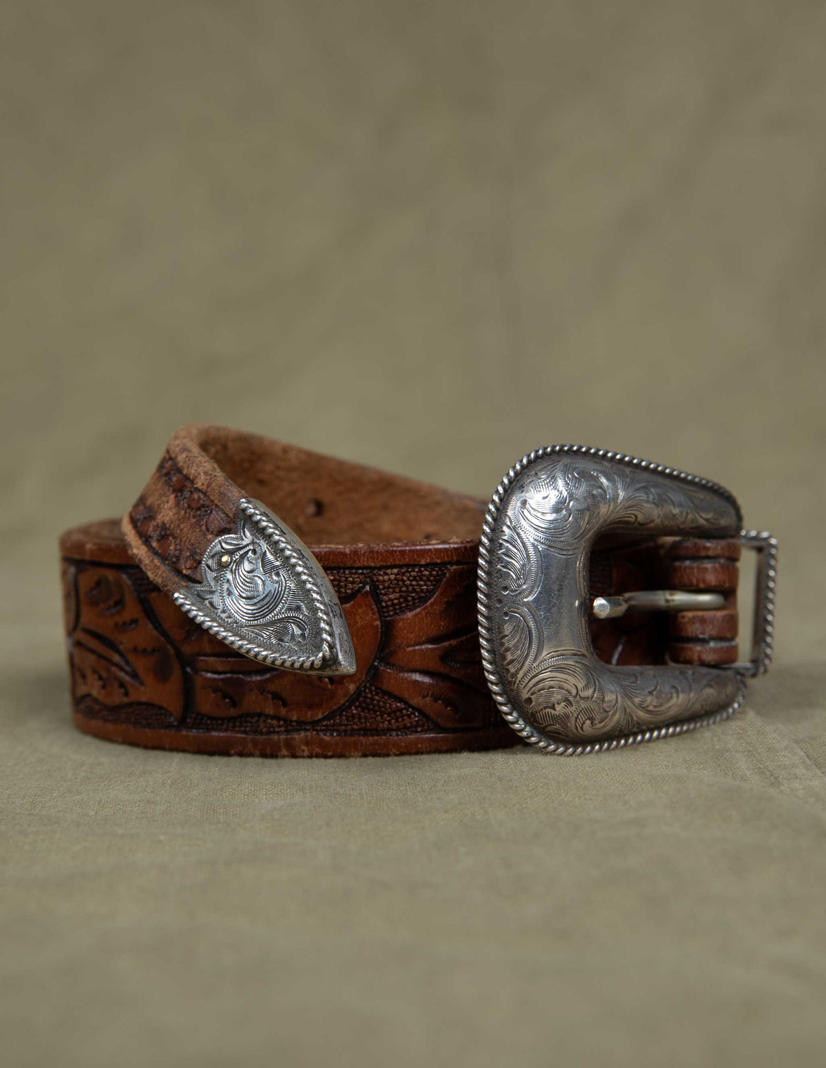 Vintage Sterling Silver Tooled Leather Western Belt