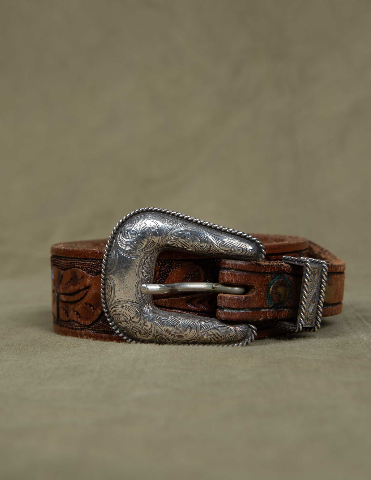 Vintage Sterling Silver Tooled Leather Western Belt