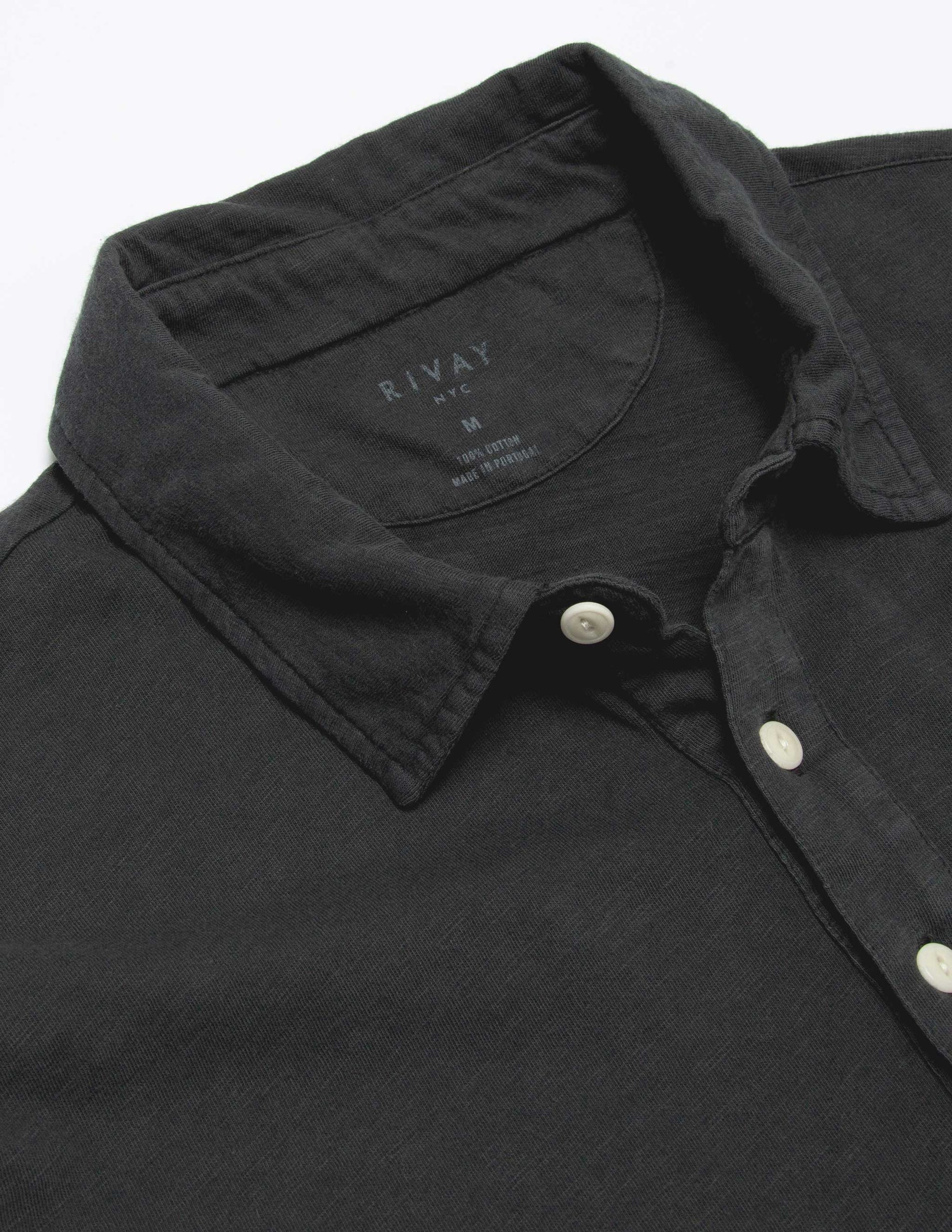 Rivay Garment Dyed Slub Jersey Polo in Faded Black