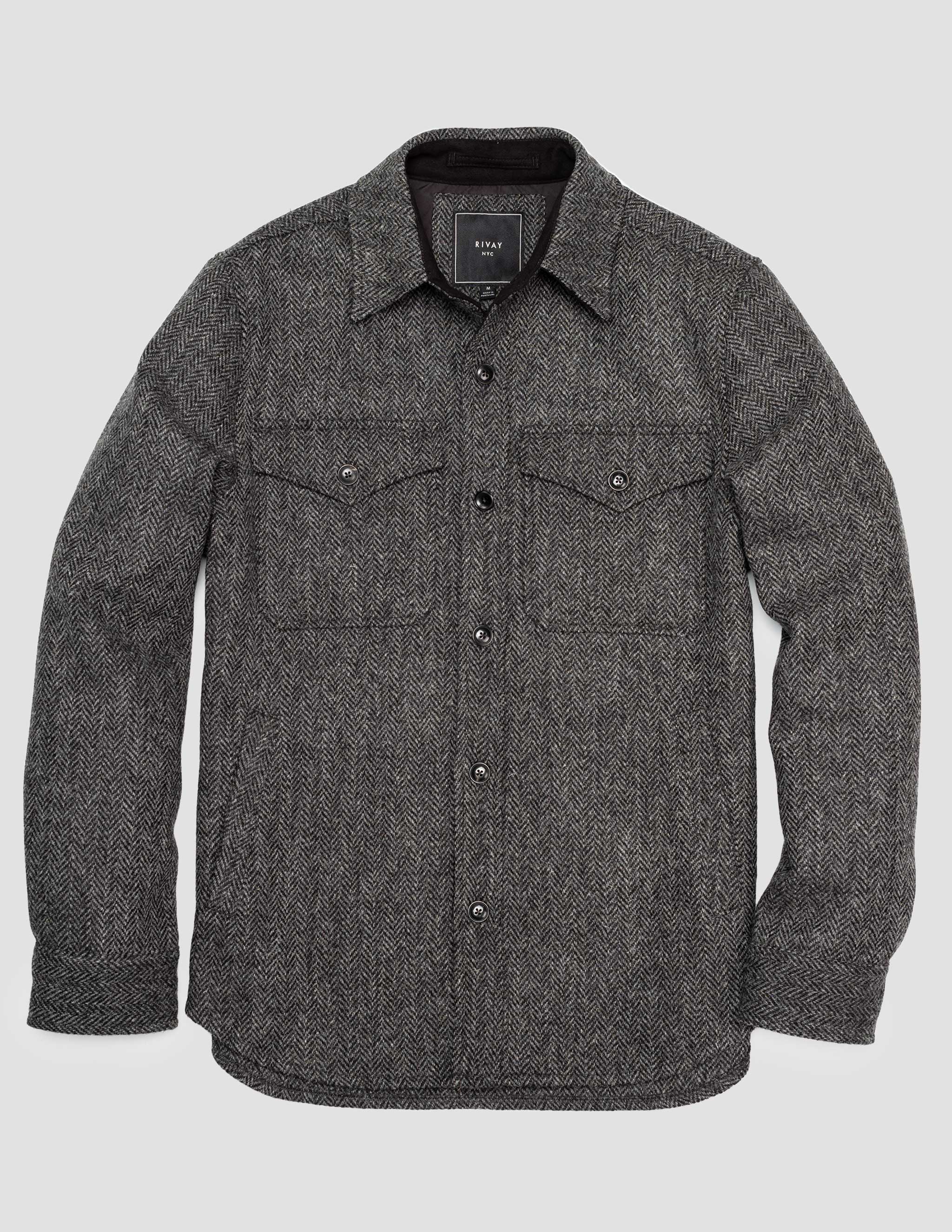 Harris Tweed Wool CPO Shirt Jacket in Charcoal Herringbone