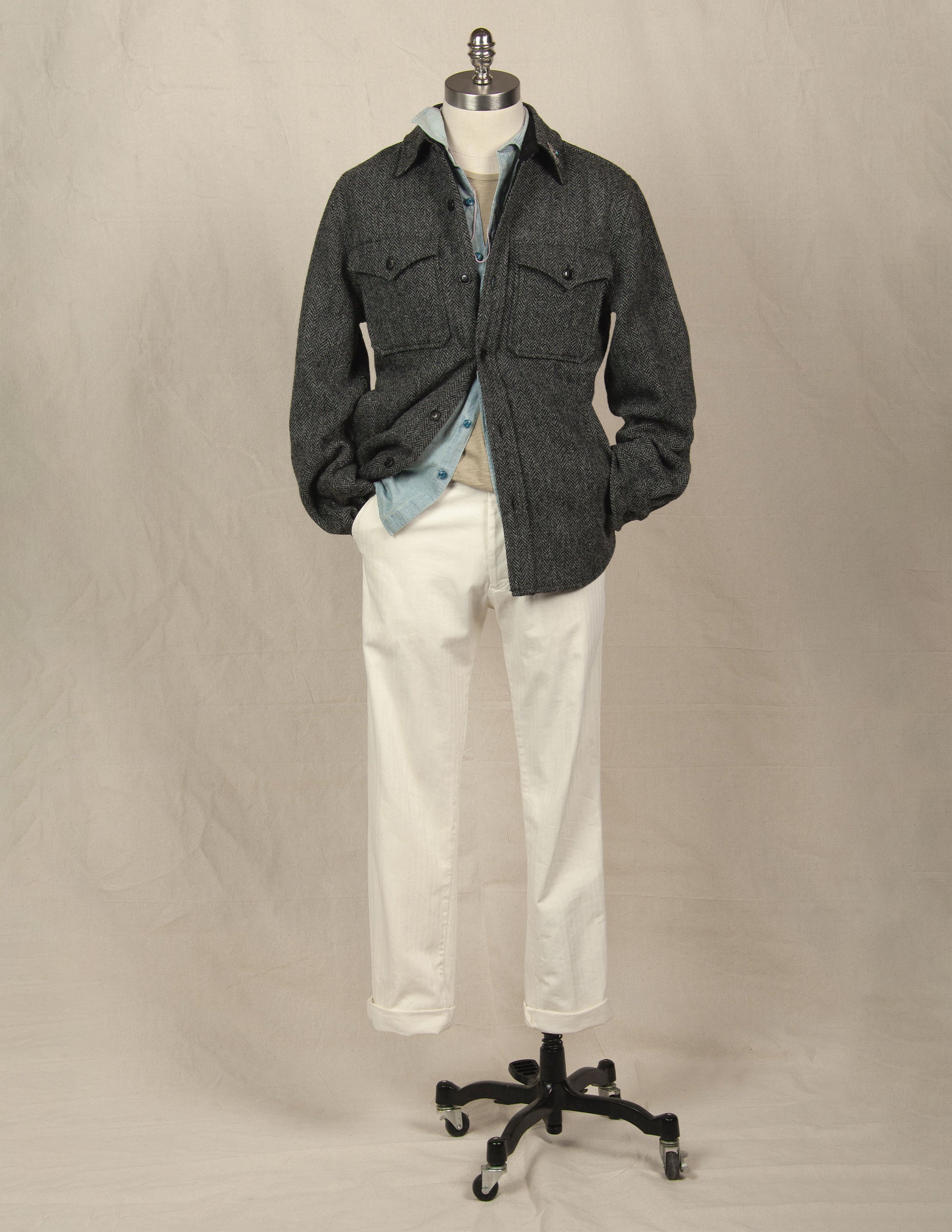 Rivay Harris Tweed Wool CPO Shirt Jacket in Charcoal Herringbone