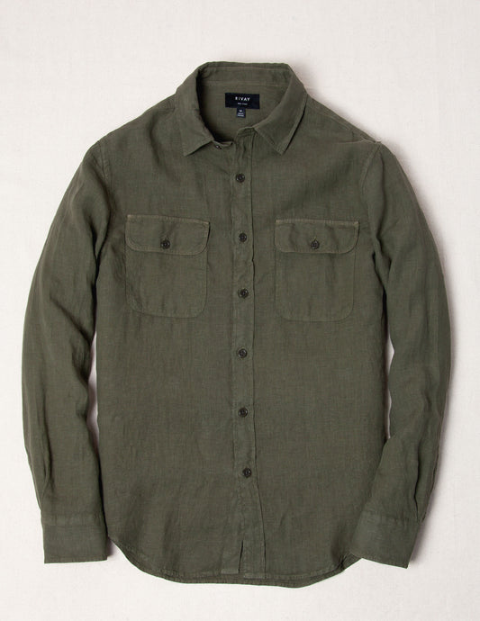 Rivay Hayes Garment Dyed Linen Camp Shirt in Field