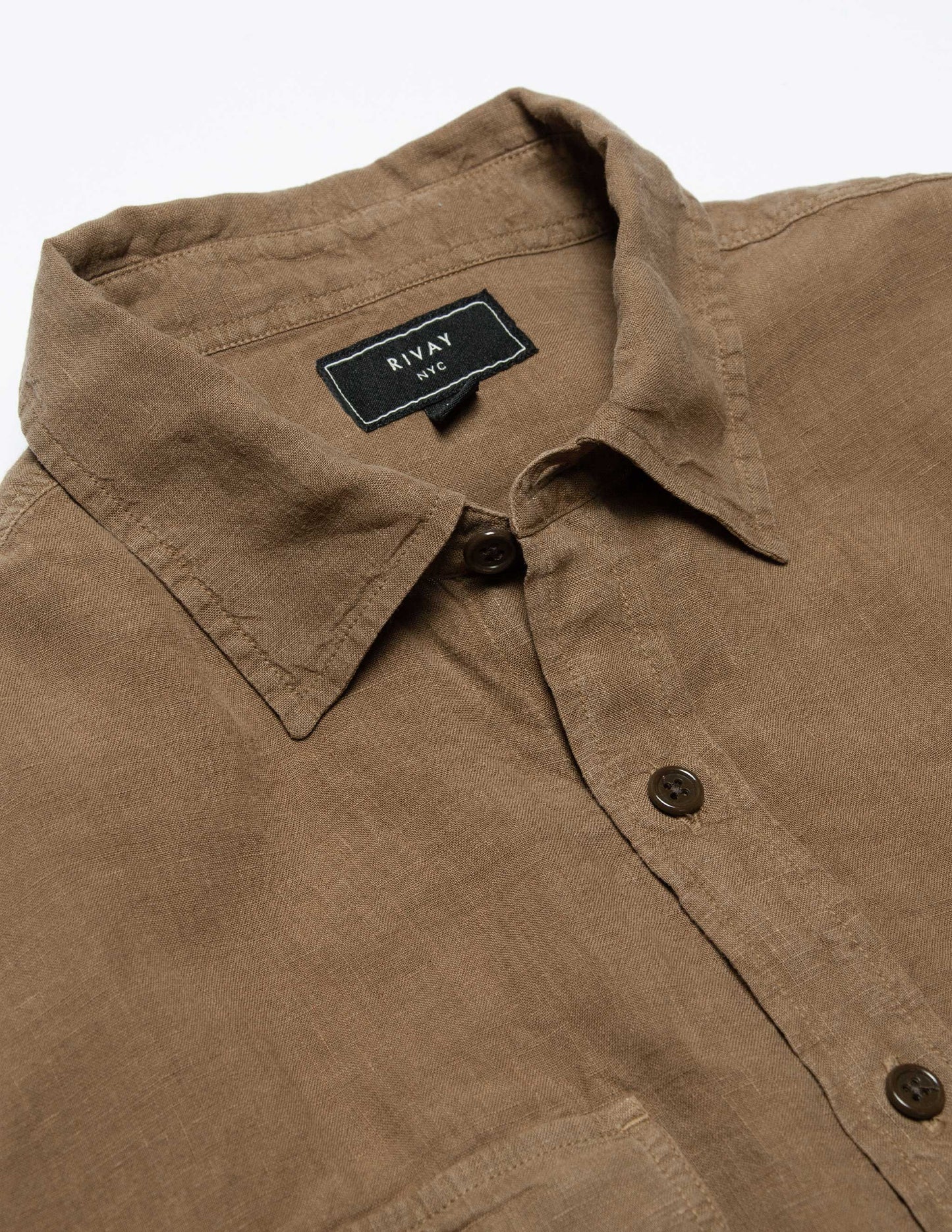 Rivay Hayes Garment Dyed Linen Camp Shirt in Saddle Brown