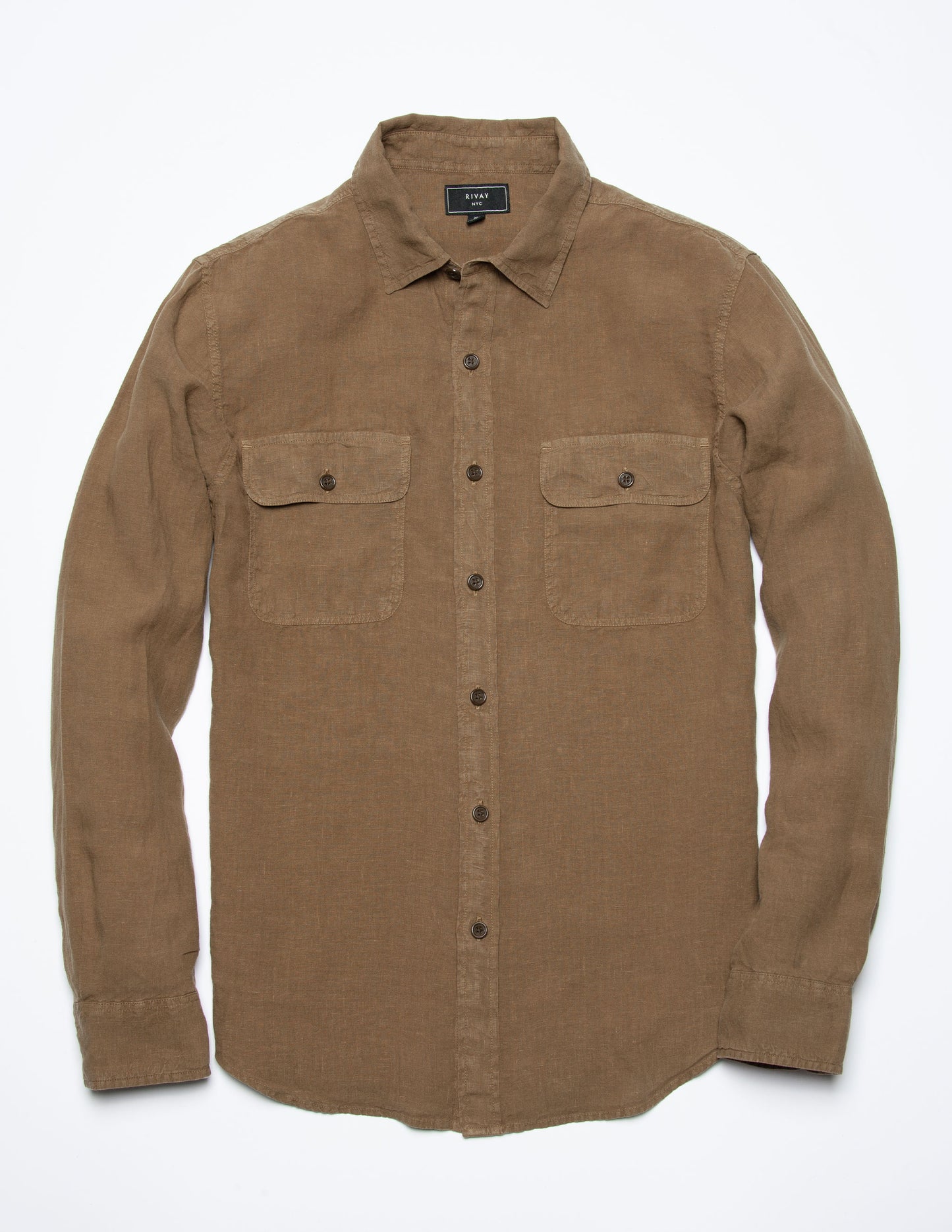 Rivay Hayes Garment Dyed Linen Camp Shirt in Saddle Brown